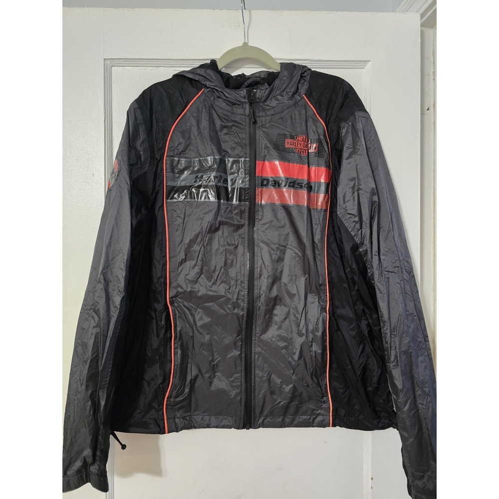 HARLEY DAVIDSON Black Mesh Lined Windbreaker Hooded Jacket Women's Size XL